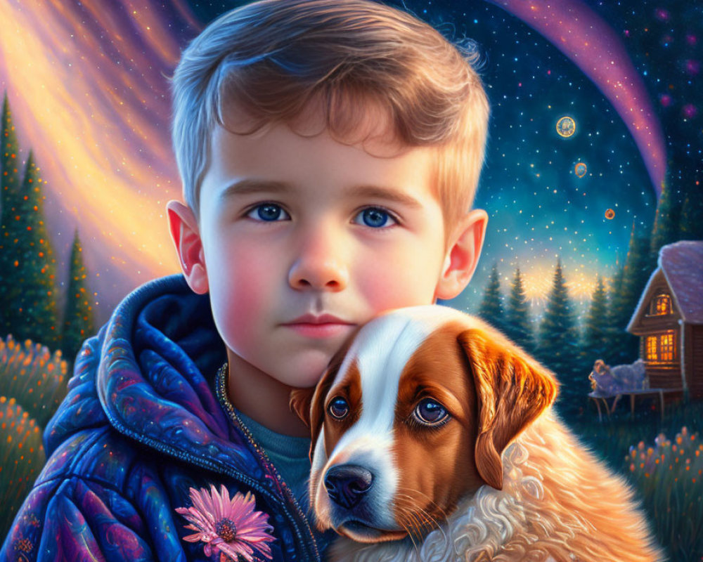 Young boy with blue eyes holding a dog under starlit sky and cabin backdrop