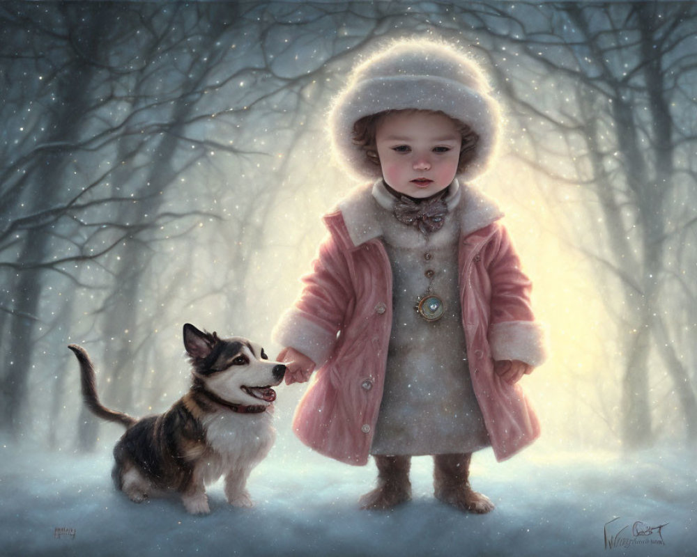 Child in warm coat with furry hat and small dog in snowy forest.