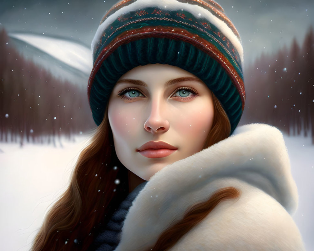 Woman with blue eyes and brown hair in winter attire with snowflakes in forest.