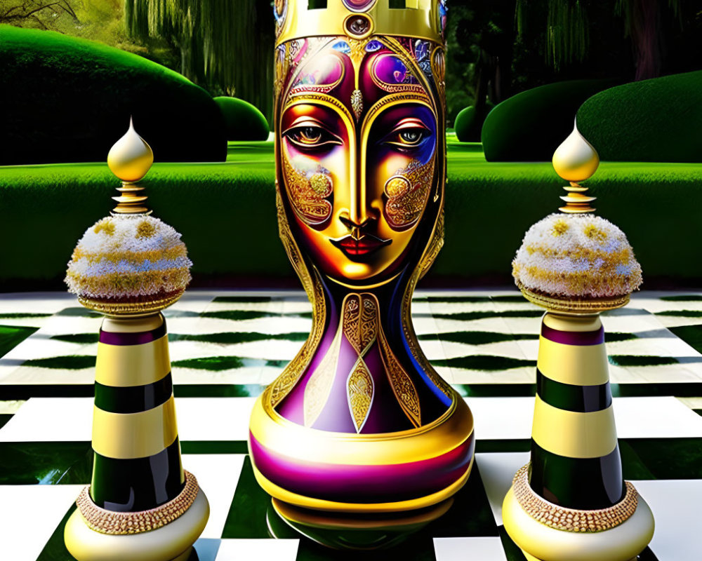 Surreal chessboard with ornate queen and pawns on vibrant background