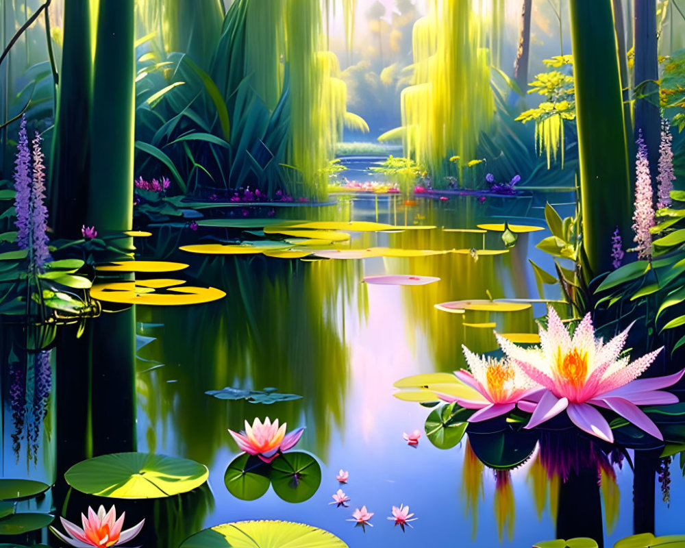 Digital artwork of serene bamboo forest with lotus flowers and lush greenery