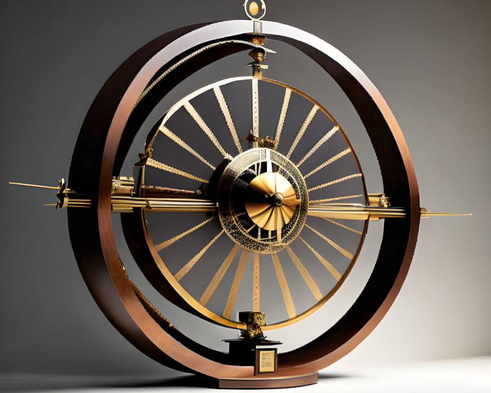 Ornate spherical mechanical clock with golden sphere and rotating rings