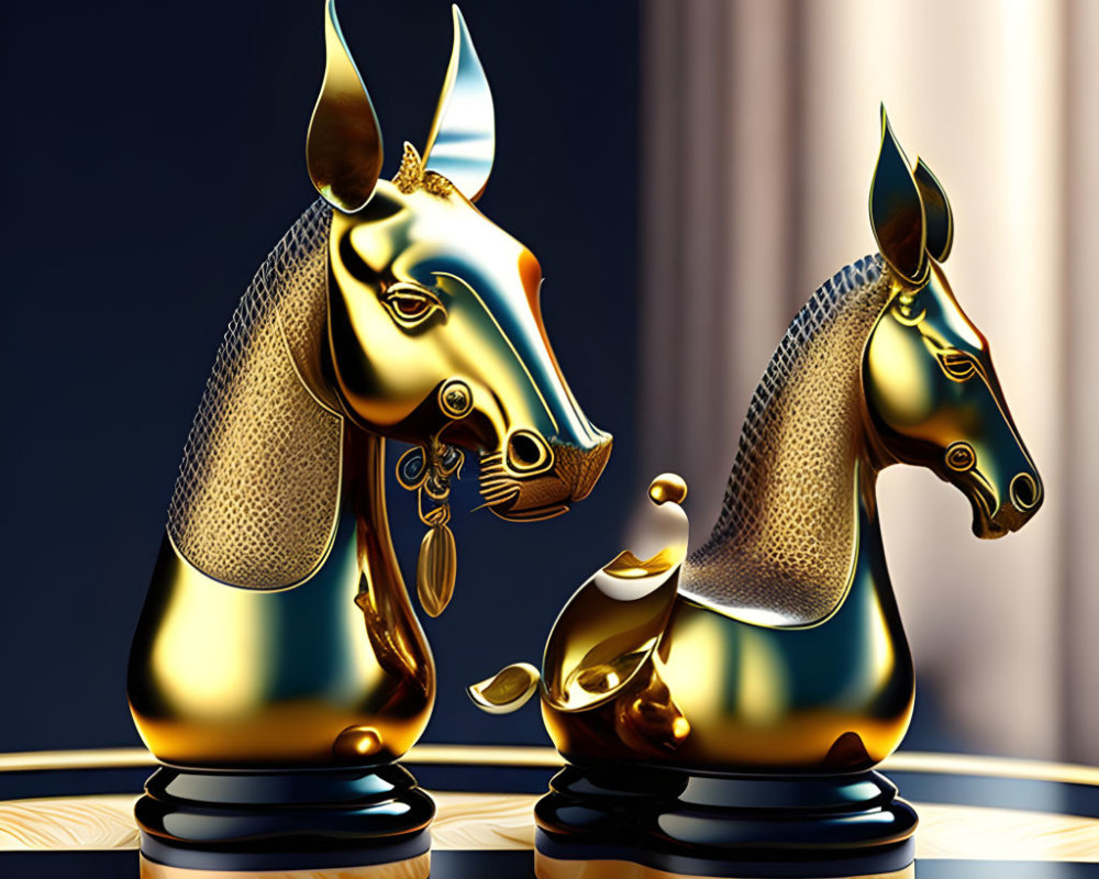 Golden chess knight pieces on reflective surface against dark background.