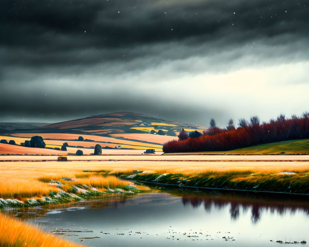 Dramatic landscape with dark clouds, rolling hills, reflection in pond, and warm sunlight