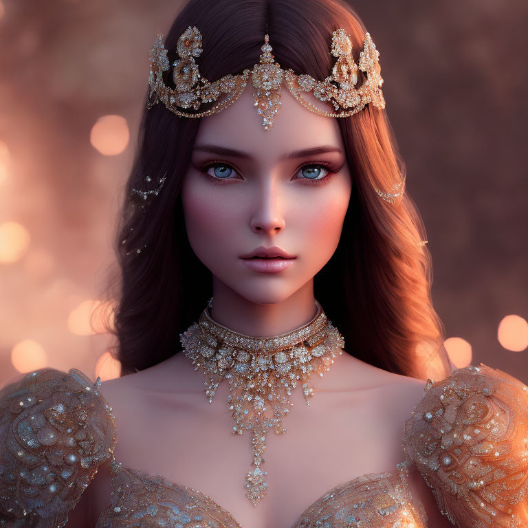 3D rendering of woman with blue eyes in golden tiara & necklace