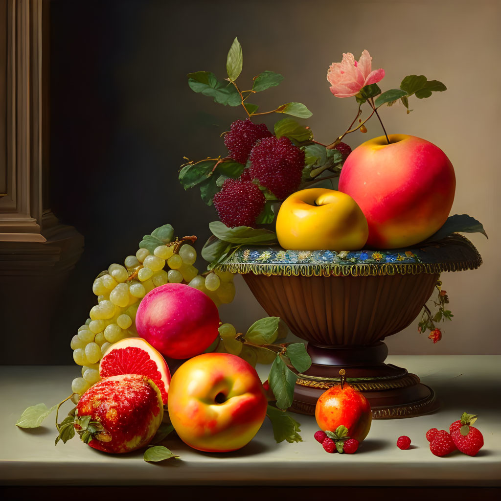 Assorted fruits and rose on table in dark-toned setting