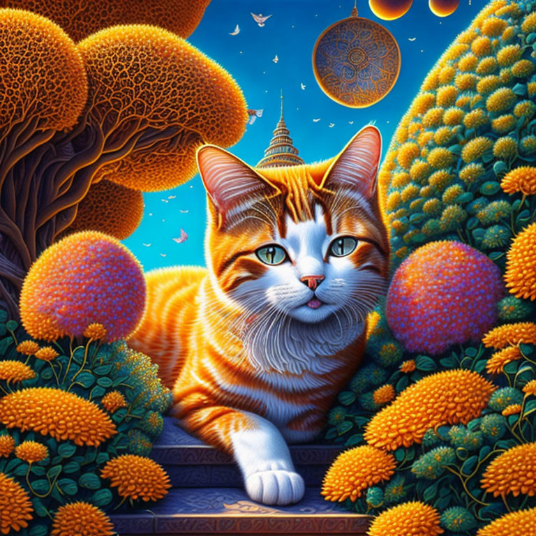 Colorful digital artwork: Orange tabby cat in fantastical garden