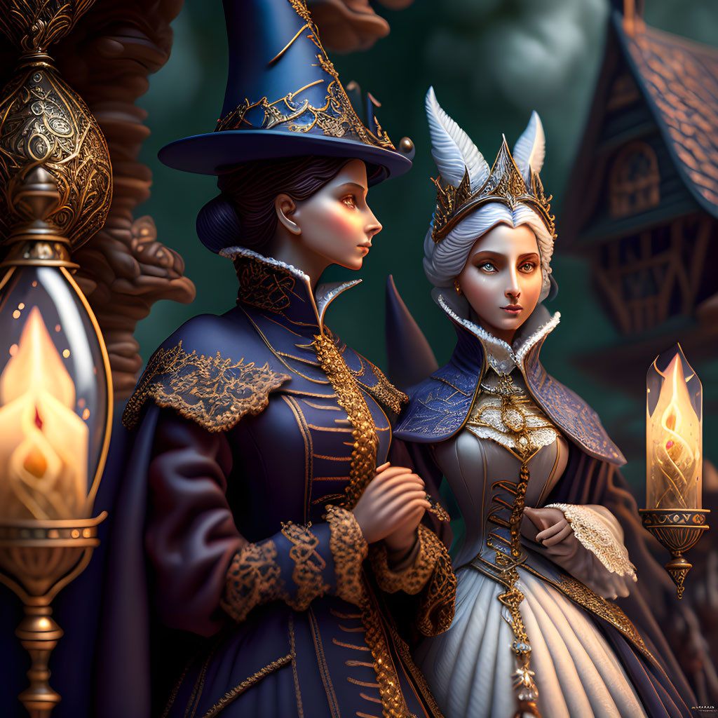 Stylized female figures in ornate fantasy attire with witch-like hat and horned headpiece against