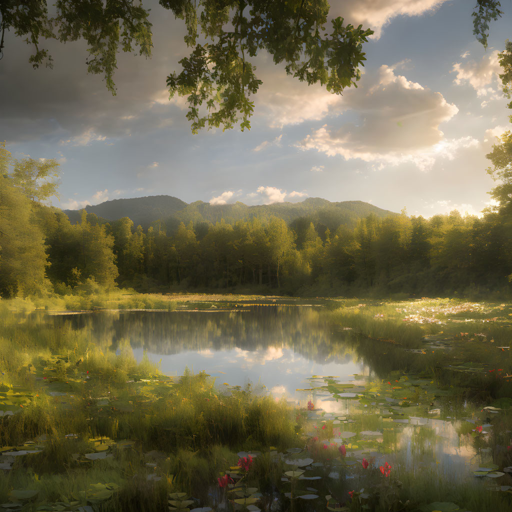 Tranquil lake scene with lily pads, flowers, lush trees, and golden sky