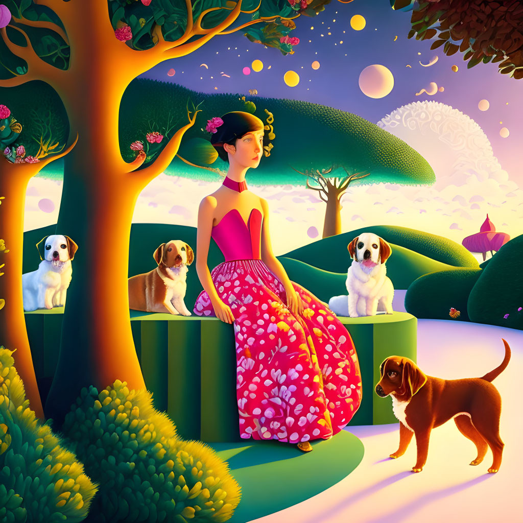 Woman in floral dress with four dogs in whimsical garden at twilight