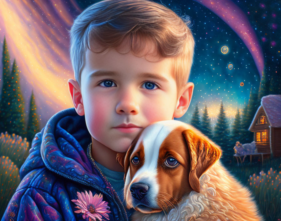 Young boy with blue eyes holding a dog under starlit sky and cabin backdrop