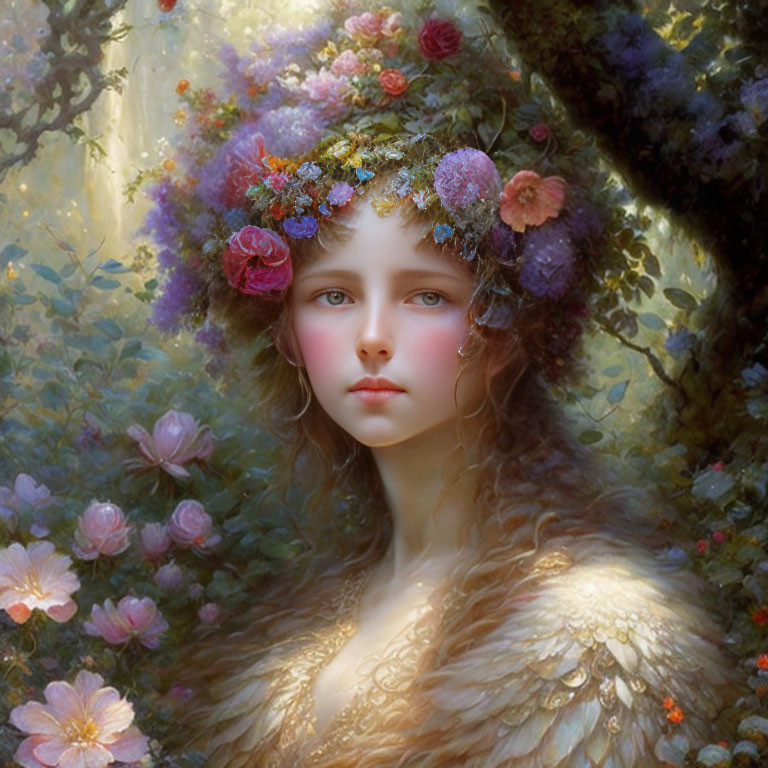 Portrait of woman with floral crown and feathered cloak in whimsical forest setting