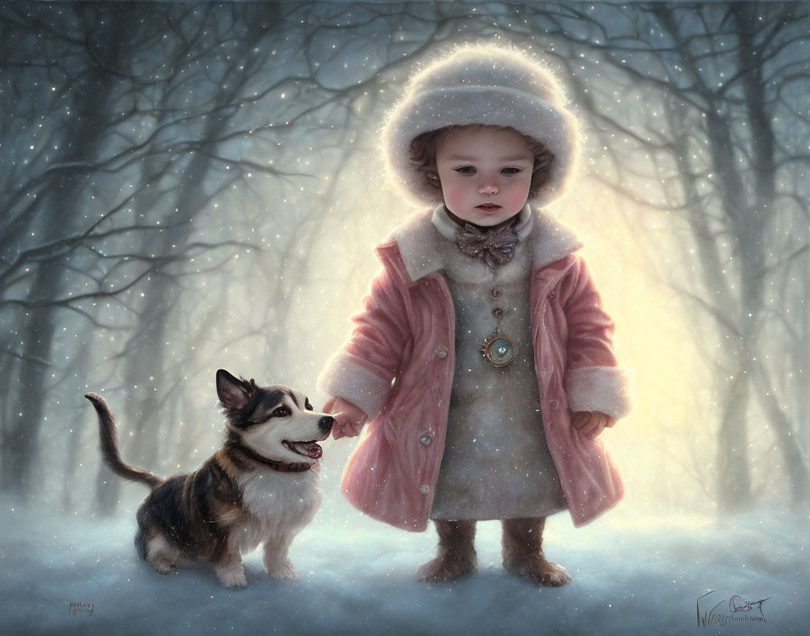 Child in warm coat with furry hat and small dog in snowy forest.