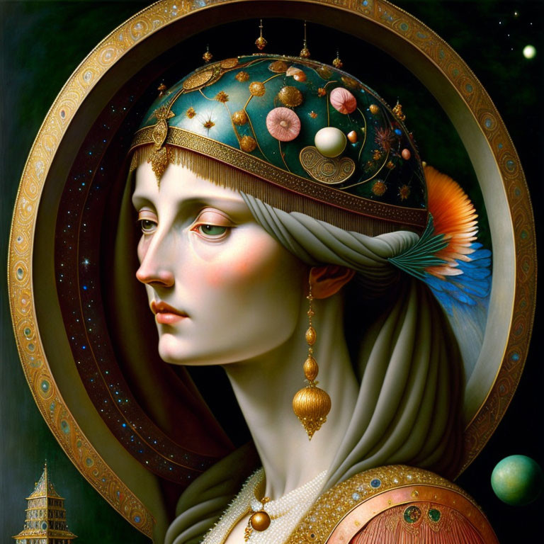 Celestial-themed surreal portrait of a woman with planets and stars.