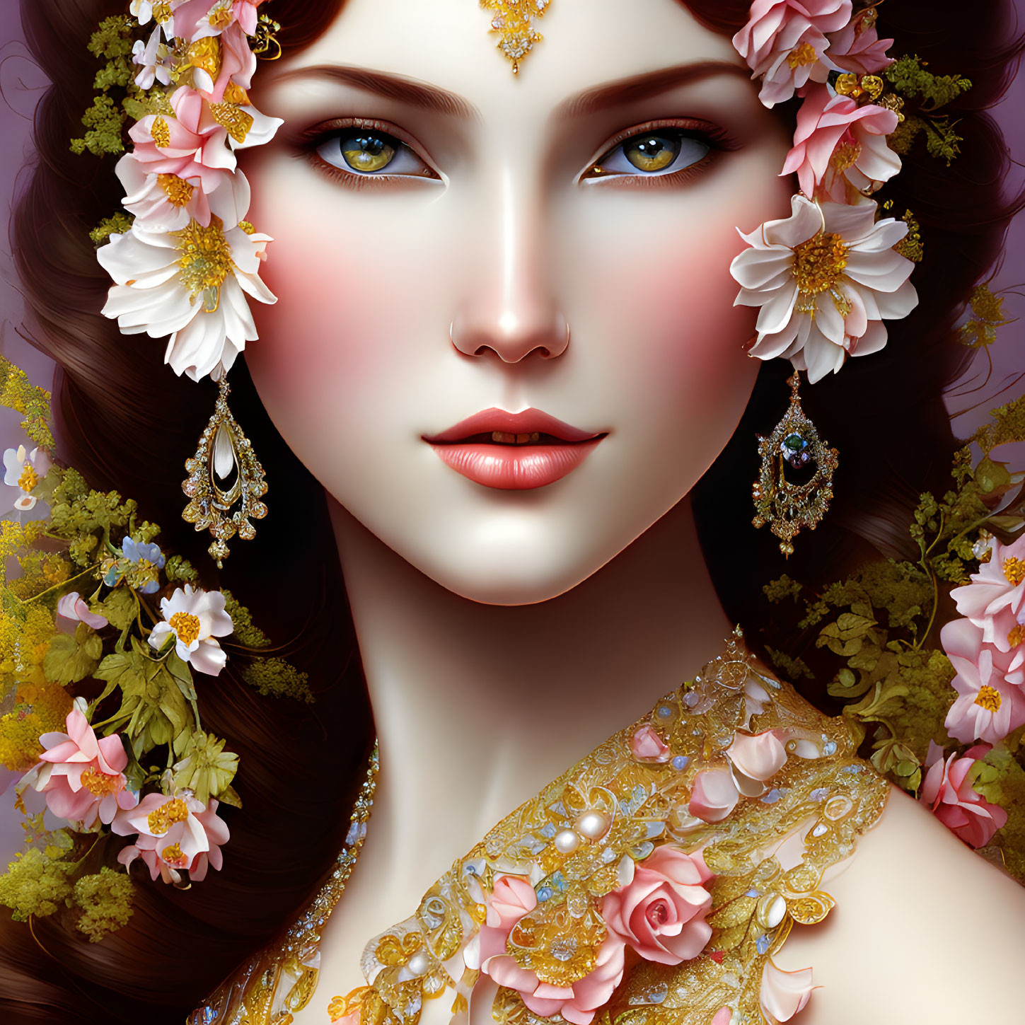 Detailed Illustration of Woman with Flower-Adorned Hair and Gold Jewelry