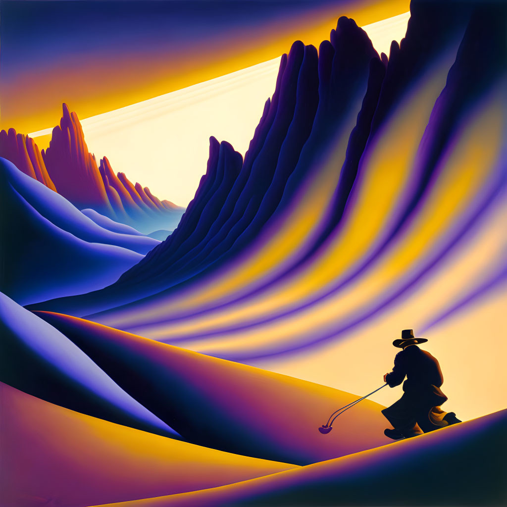 Figure Walking Through Vibrant Landscape with Purple and Orange Hues