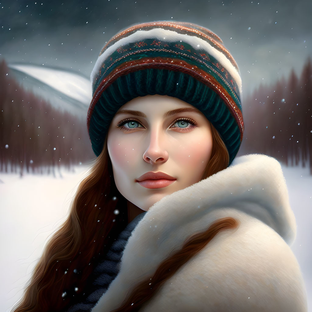 Woman with blue eyes and brown hair in winter attire with snowflakes in forest.