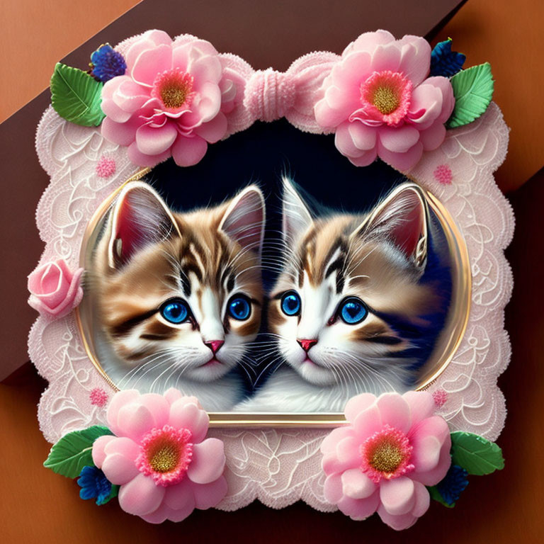 Blue-eyed kittens among pink flowers and green leaves on heart lace background