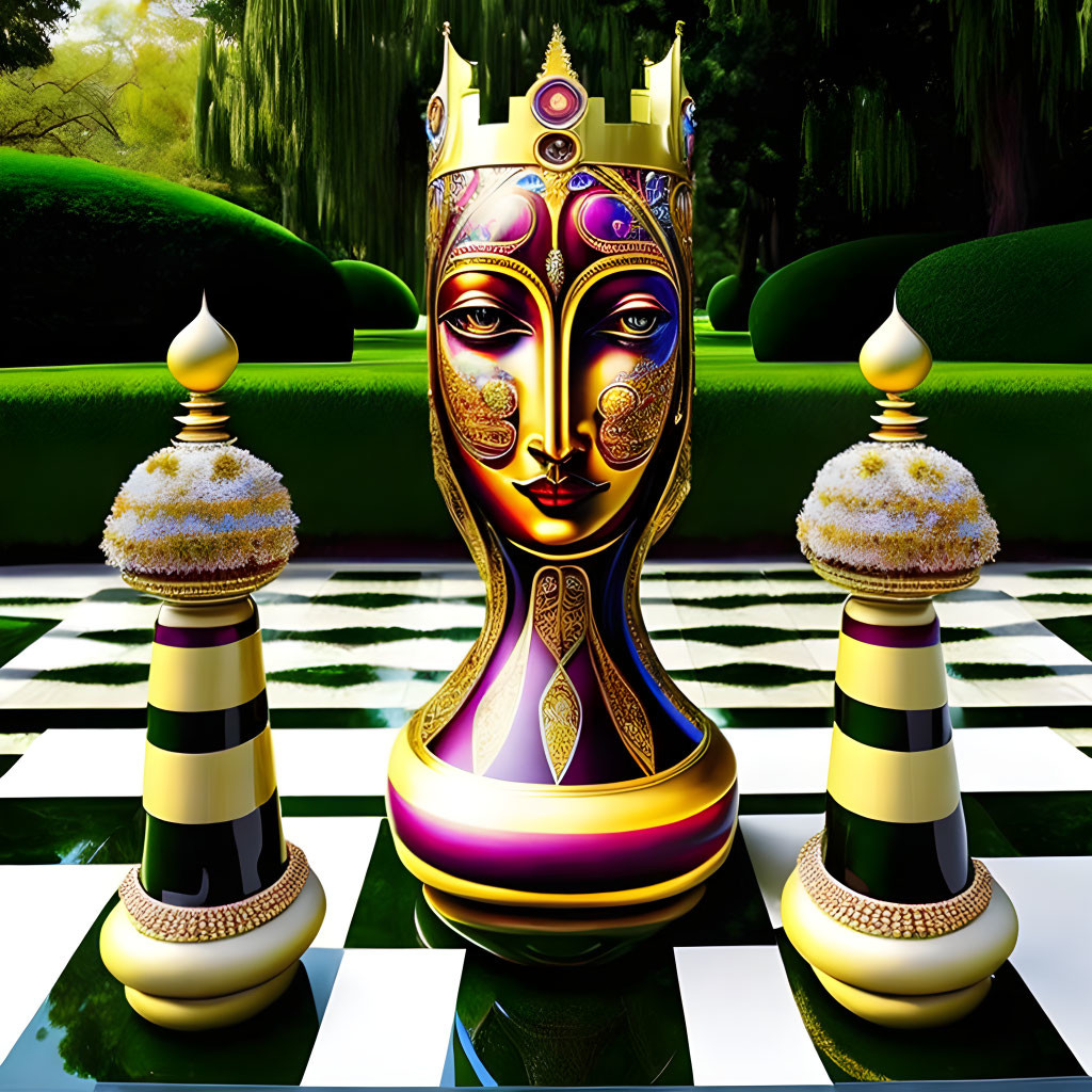 Surreal chessboard with ornate queen and pawns on vibrant background