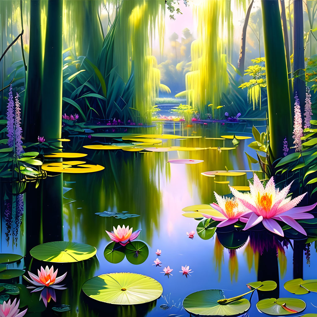 Digital artwork of serene bamboo forest with lotus flowers and lush greenery