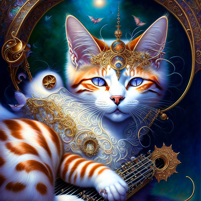 Orange and White Cat with Blue Eyes in Golden Headdress and Celestial Background