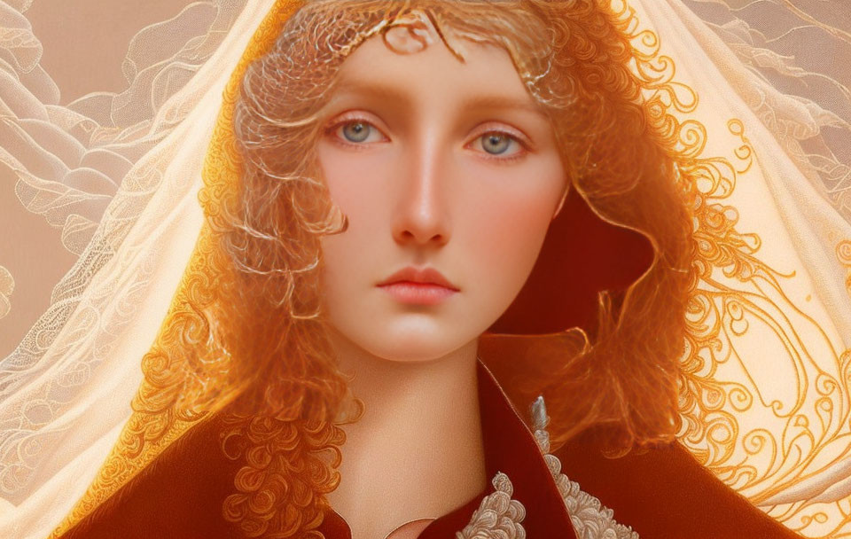 Digital art portrait of woman with fair skin, blue eyes, and curly red hair in golden lace veil