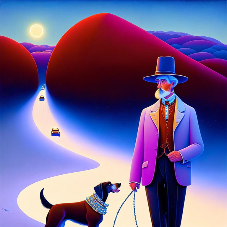 Colorful Painting of Man with Dog in Top Hat Walking on Rolling Hills