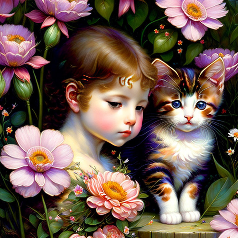 Young child and kitten surrounded by pink flowers and greenery