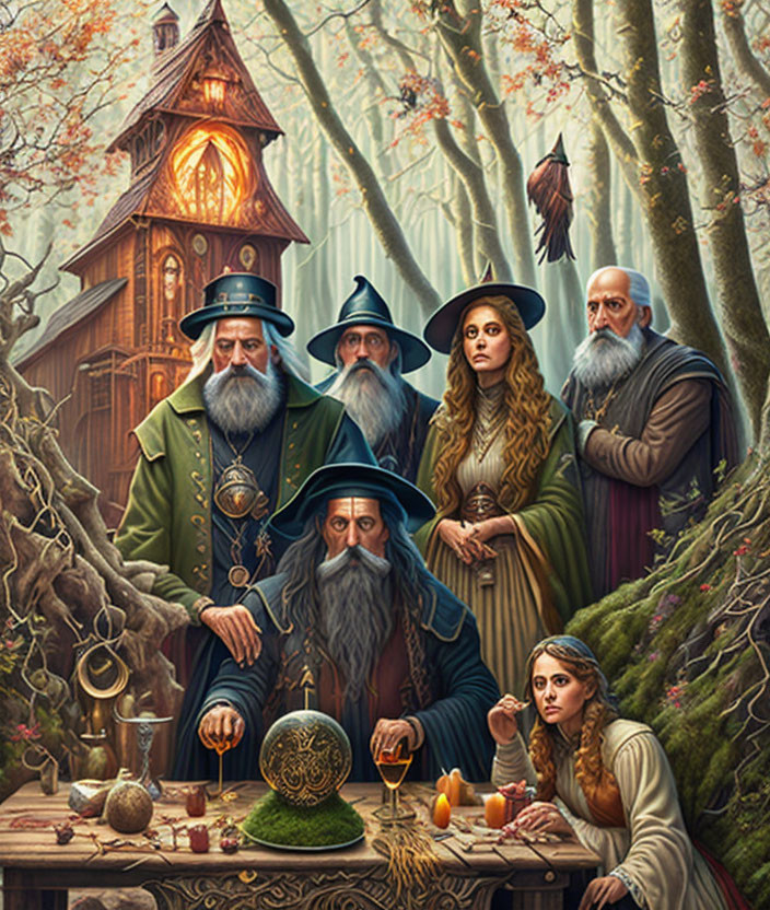 Group of Wizards and Woman in Mystical Forest with Ornate Wooden House, Magical Artifacts, Ancient