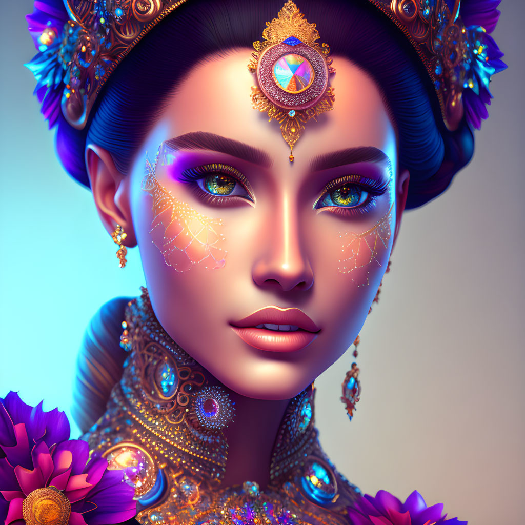 Colorful digital portrait with golden jewelry and ornate headdress.