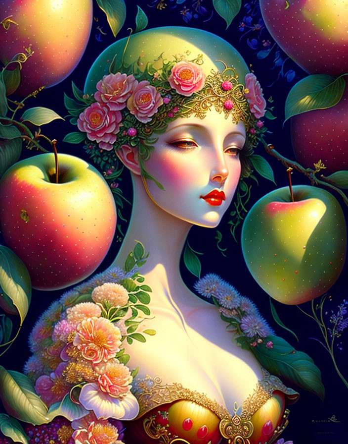 Illustration of Woman with Floral Headpiece, Luminous Apples, and Blooming Flowers on