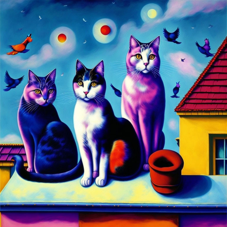 Colorful Whimsical Cats on Rooftop with Vibrant Sky