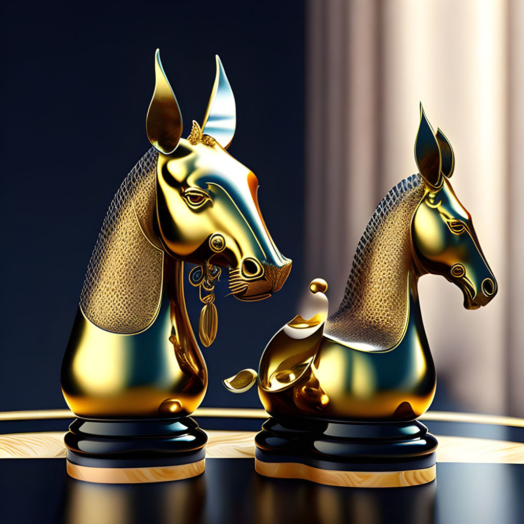 Golden chess knight pieces on reflective surface against dark background.