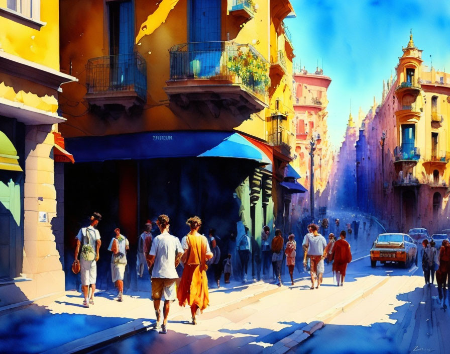 Colorful Watercolor Painting of Sunny Street Scene