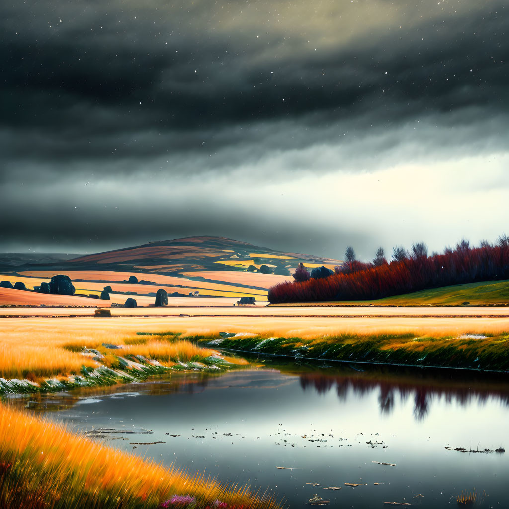 Dramatic landscape with dark clouds, rolling hills, reflection in pond, and warm sunlight