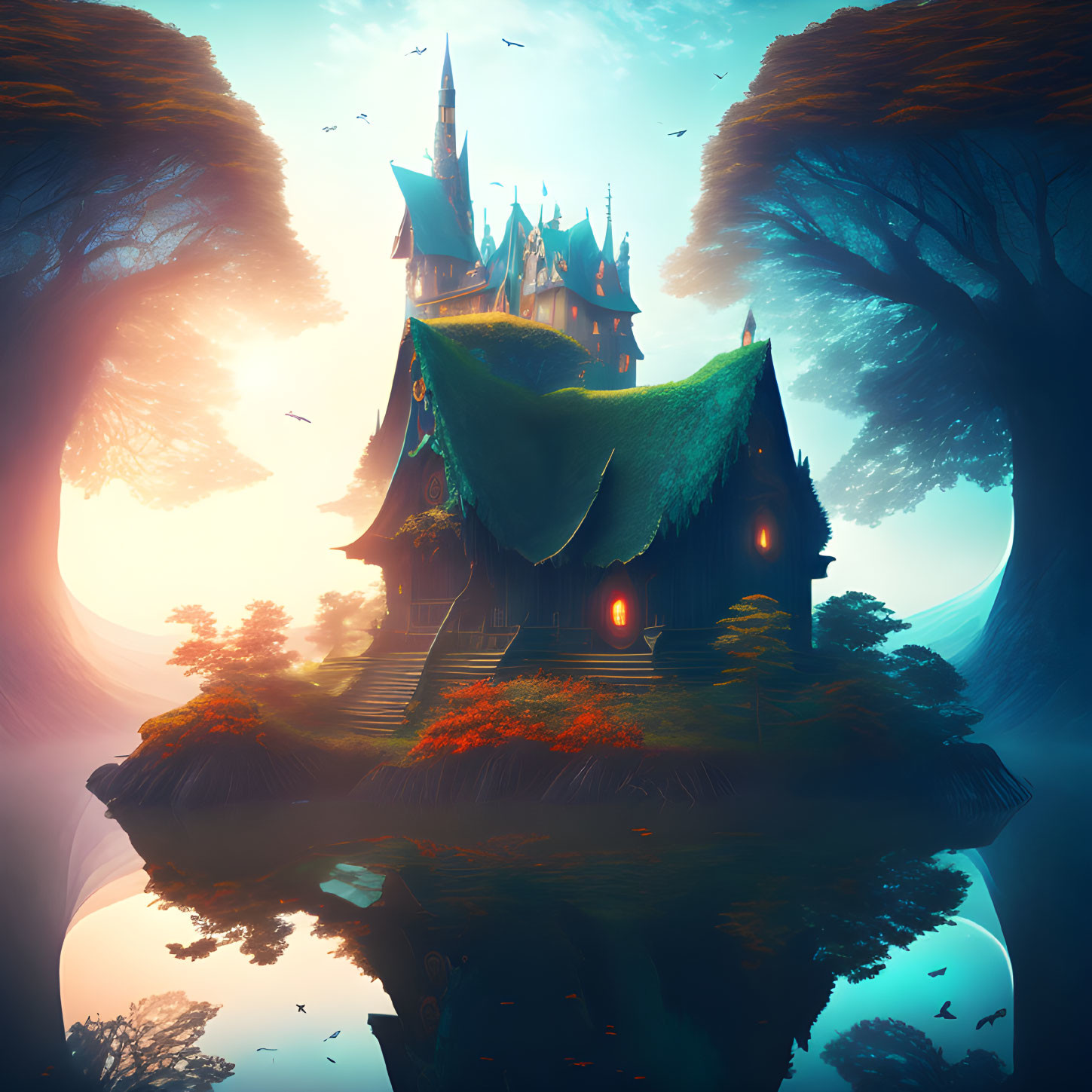 Mystical castle with towering spires and mossy roof in serene landscape