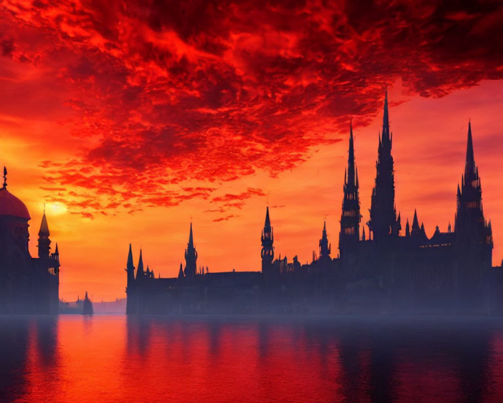 Dramatic Red Sunset Sky Silhouettes Gothic Spires & Domed Buildings