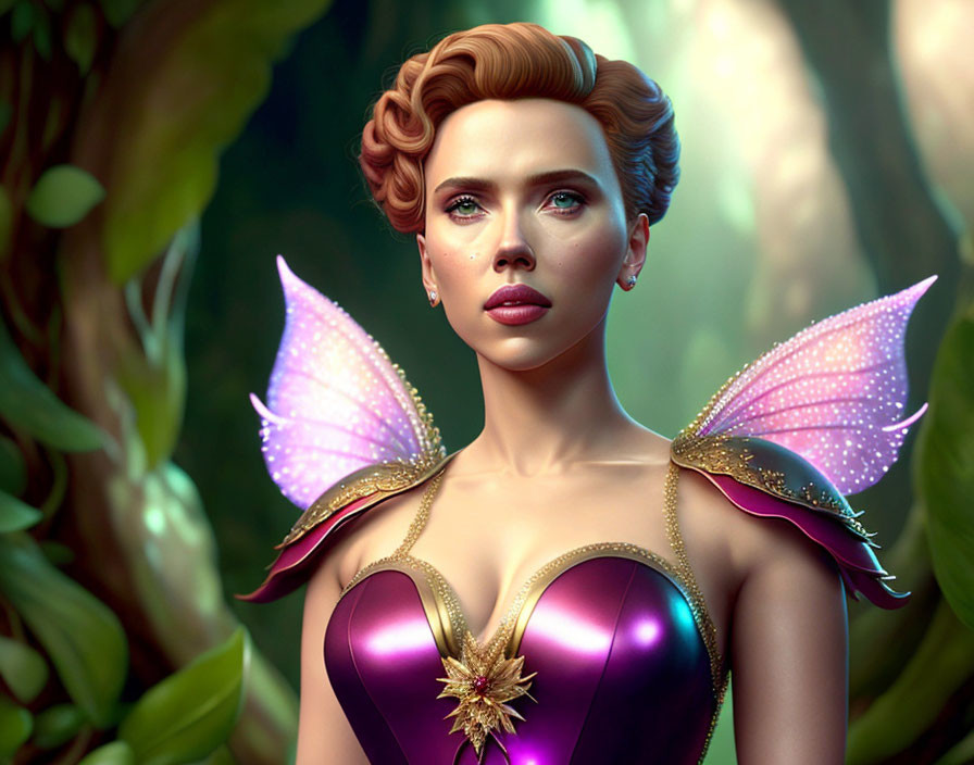 Digital artwork: Fairy with translucent wings and purple costume in lush forest