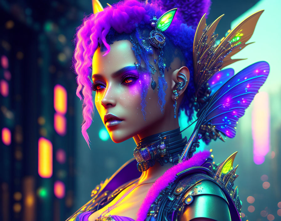 Digital art: Woman with purple hair, cybernetic wings, futuristic makeup, in neon-lit