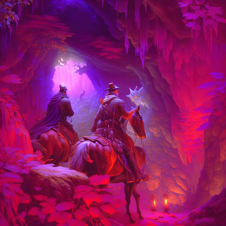 Cowboys on horses in purple-lit cave with stalactites and mystical energy