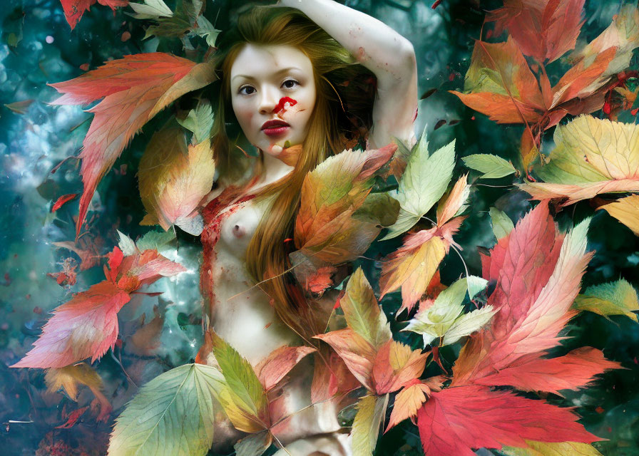 Woman Submerged in Water Surrounded by Red and Orange Leaves