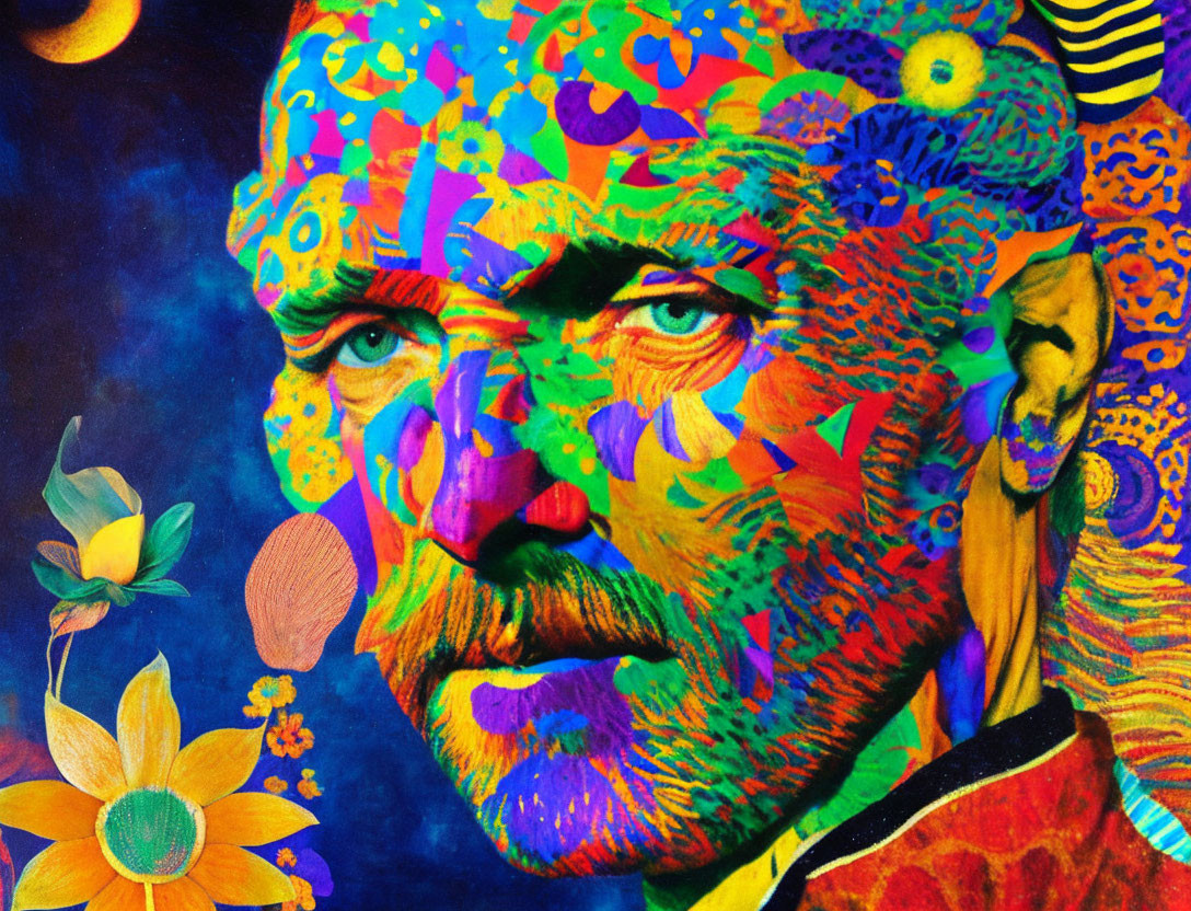 Vibrant psychedelic portrait with floral and abstract patterns on man's face