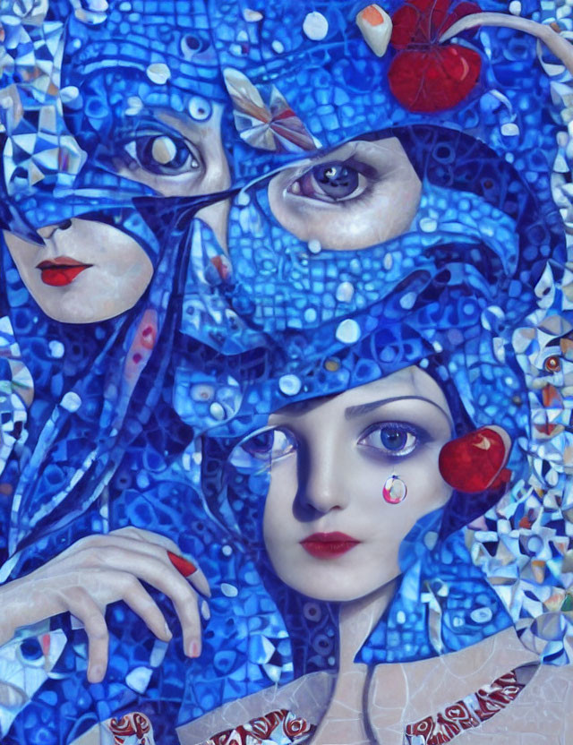 Digital artwork featuring stylized female faces in blue mosaic with red cherries & bubble textures