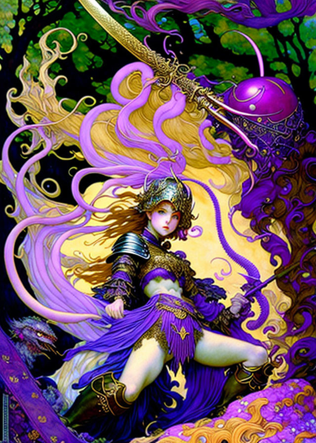 Warrior woman in purple and silver armor wields sword in fantastical forest.