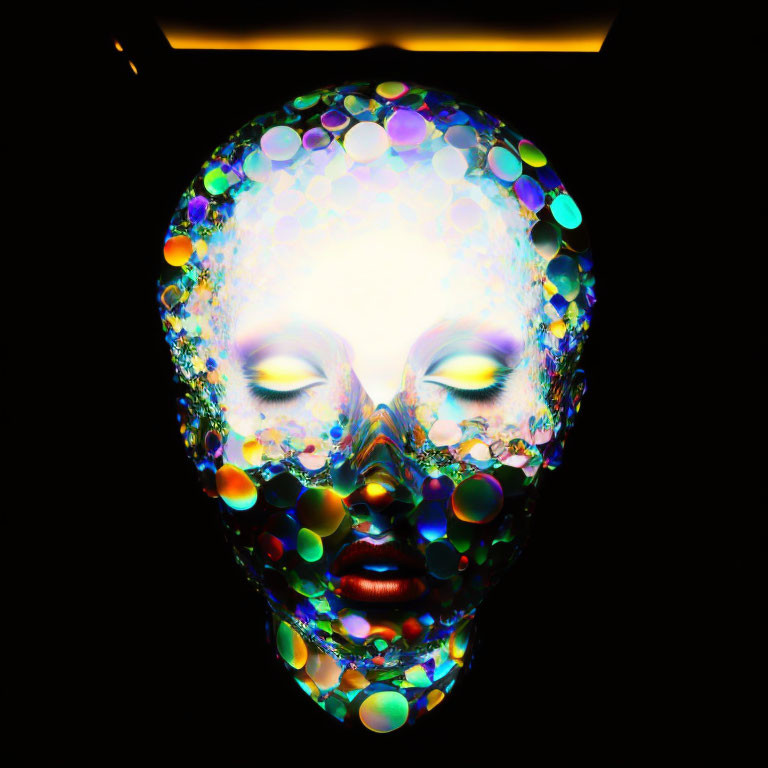 Colorful Multicolored Light Spots Illuminate Mannequin Head on Dark Background