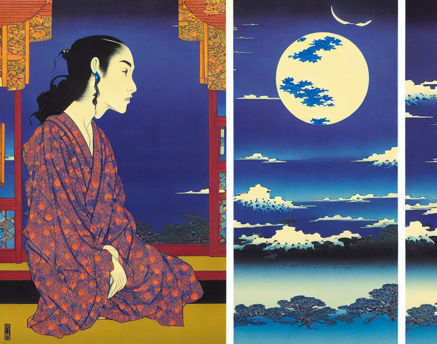 Japanese Woodblock Print: Woman in Kimono by Moonlit Window