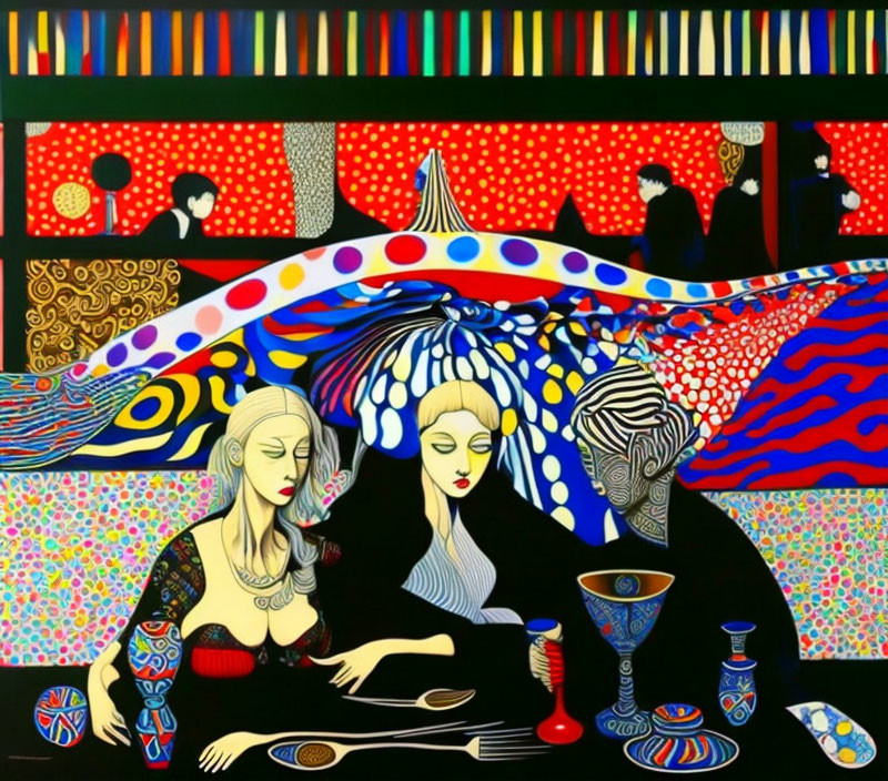 Colorful abstract painting featuring two females at a table with patterned cover, intricate decor, and surreal