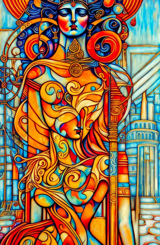 Abstract colorful artistic image of stylized female figure against architectural backdrop