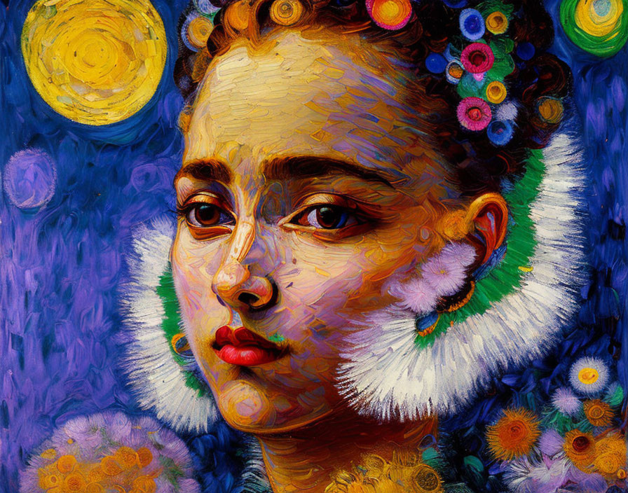 Vivid portrait with floral headdress and fur collar against swirling night sky