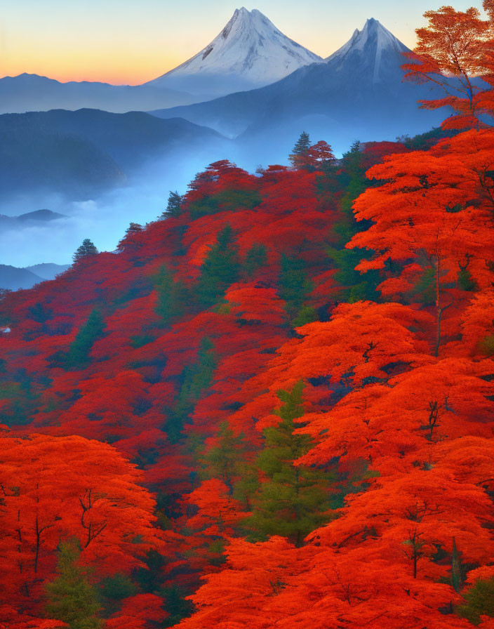 Colorful autumn foliage with misty mountains and sharp peak at sunrise